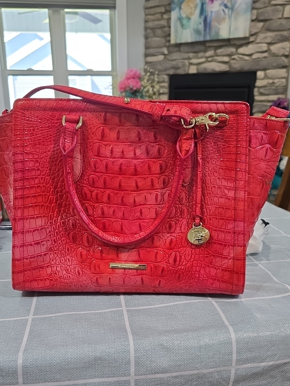Brahmin Bright Pink/Orange Croc-Embossed Tote with Gold Hardware